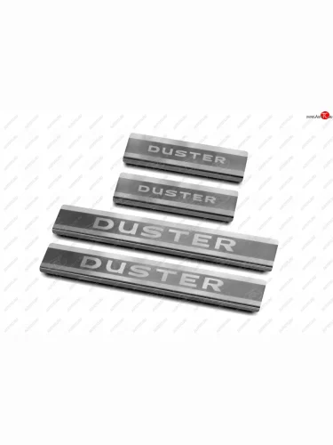 Накладки порожков салона Russtal (нержавейка шлифованная с надписью) Renault Duster HM рестайлинг (2021-2024)