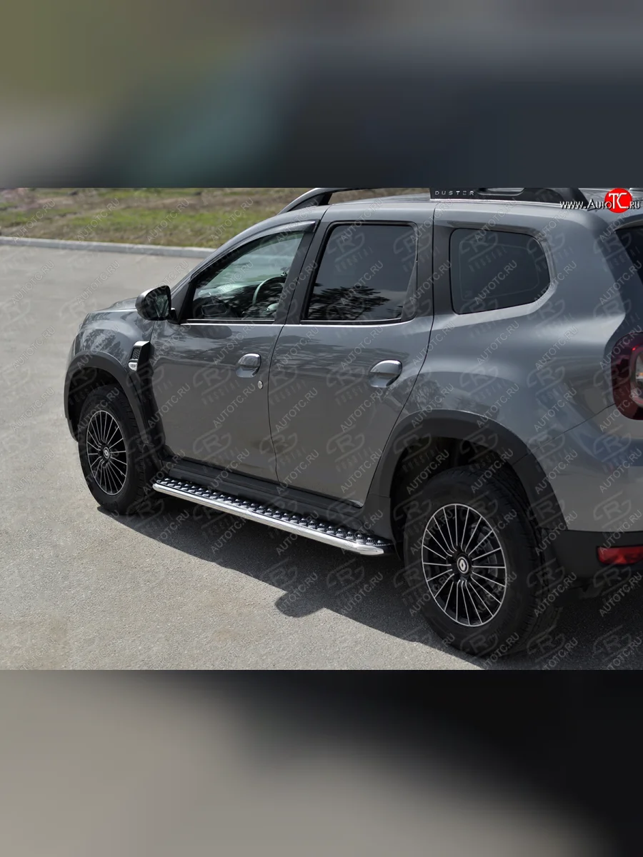 Порожки для ног SLITKOFF (Ø42 мм) Renault Duster HM рестайлинг (2021-2024) (лист - нержавейка, профиль - нержавейка)  с доставкой в г. Керчь
