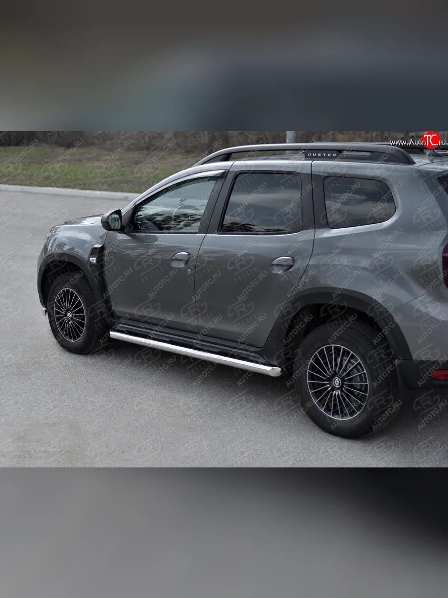 Защита порогов (Ø63 мм) Russtal Renault Duster HM рестайлинг (2021-2024) (срез на торцах 45°, полированная нержавейка)  с доставкой в г. Керчь