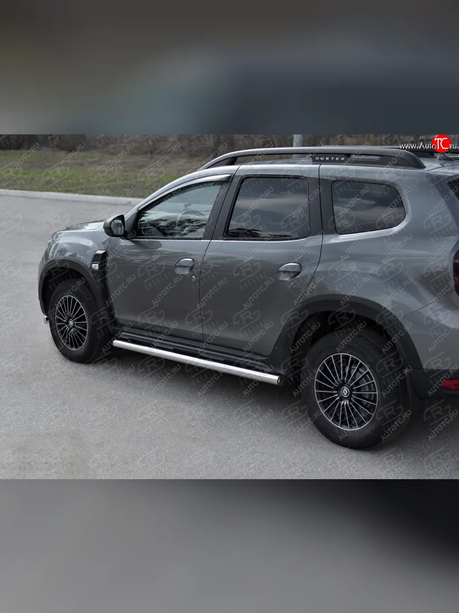 Защита порогов (Ø63 мм, нержавейка) SLITKOFF Renault Duster HM рестайлинг (2021-2024) (с пластиковыми заглушками на торцах, полированная нержавейка)  в Перми Пермском крае