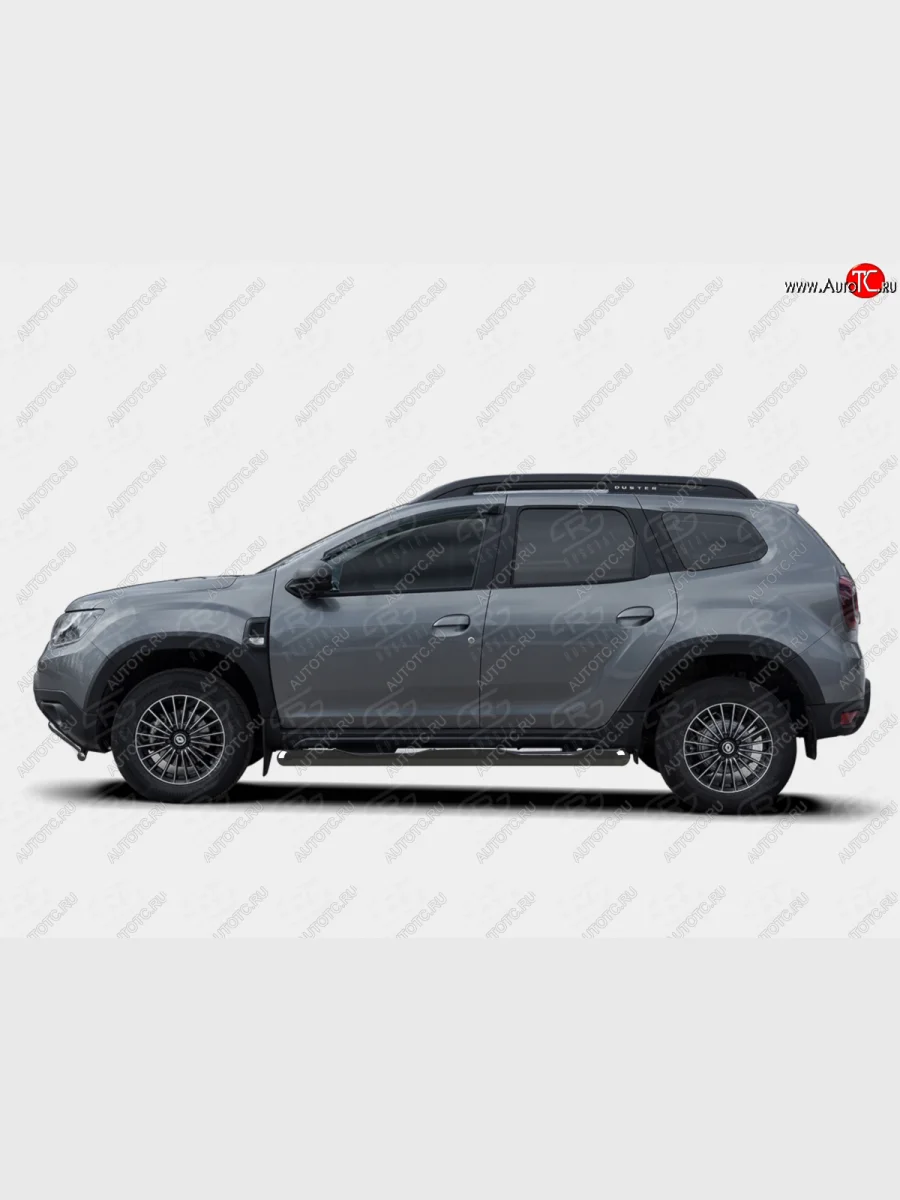 Защита порогов (Ø76 мм, с проступью) SLITKOFF Renault Duster HM рестайлинг (2021-2024) (срез на торцах 45°, порошковая окраска в цвет черный)  с доставкой в г. Керчь