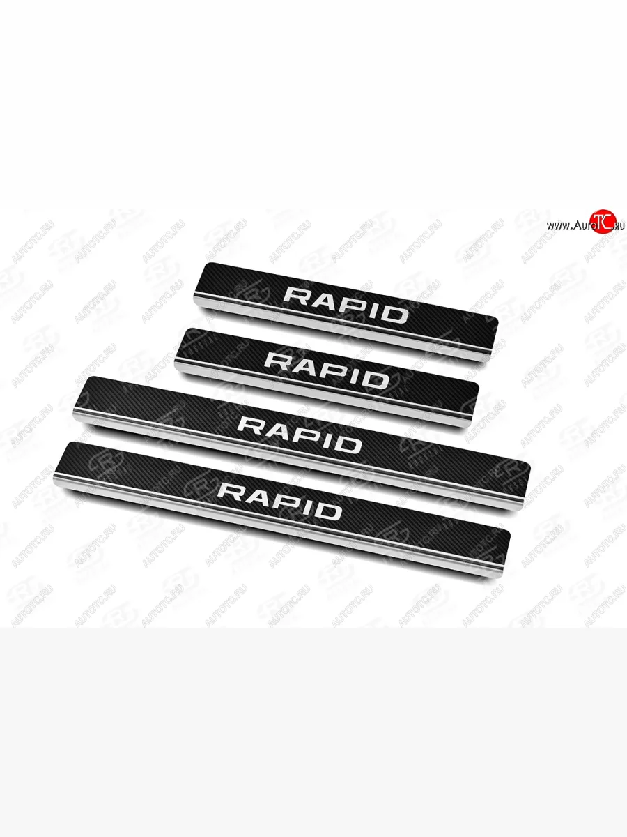 Накладки порожков салона Russtal Skoda Rapid MK2 хэтчбэк 5 дв. рестайлинг (2019-2024) (нержавейка с карбоновым покрытием и надписью)  в Самаре Самарской области