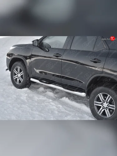 Защита порогов (Ø76 мм, с проступью) SLITKOFF (торцы со скосами 45°, полированная нержавейка) Toyota Fortuner  AN160 (2020-2025) рестайлинг