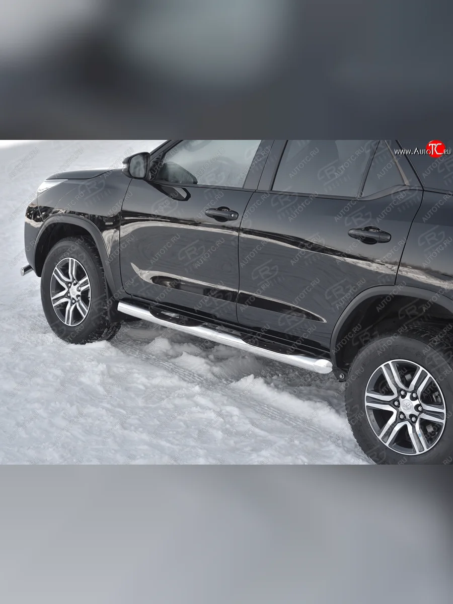 Защита порогов (Ø76 мм, с проступью) SLITKOFF Toyota Fortuner AN160 рестайлинг (2020-2025) (торцы со скосами 45°, полированная нержавейка)  в Перми Пермском крае