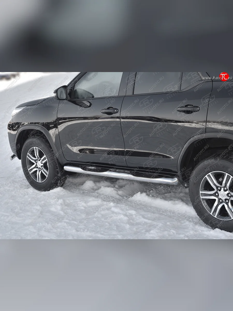 Защита порогов (Ø76 мм, с проступью) SLITKOFF Toyota Fortuner AN160 рестайлинг (2020-2025) (торцы круглые 90°, полированная нержавейка)  в Перми Пермском крае