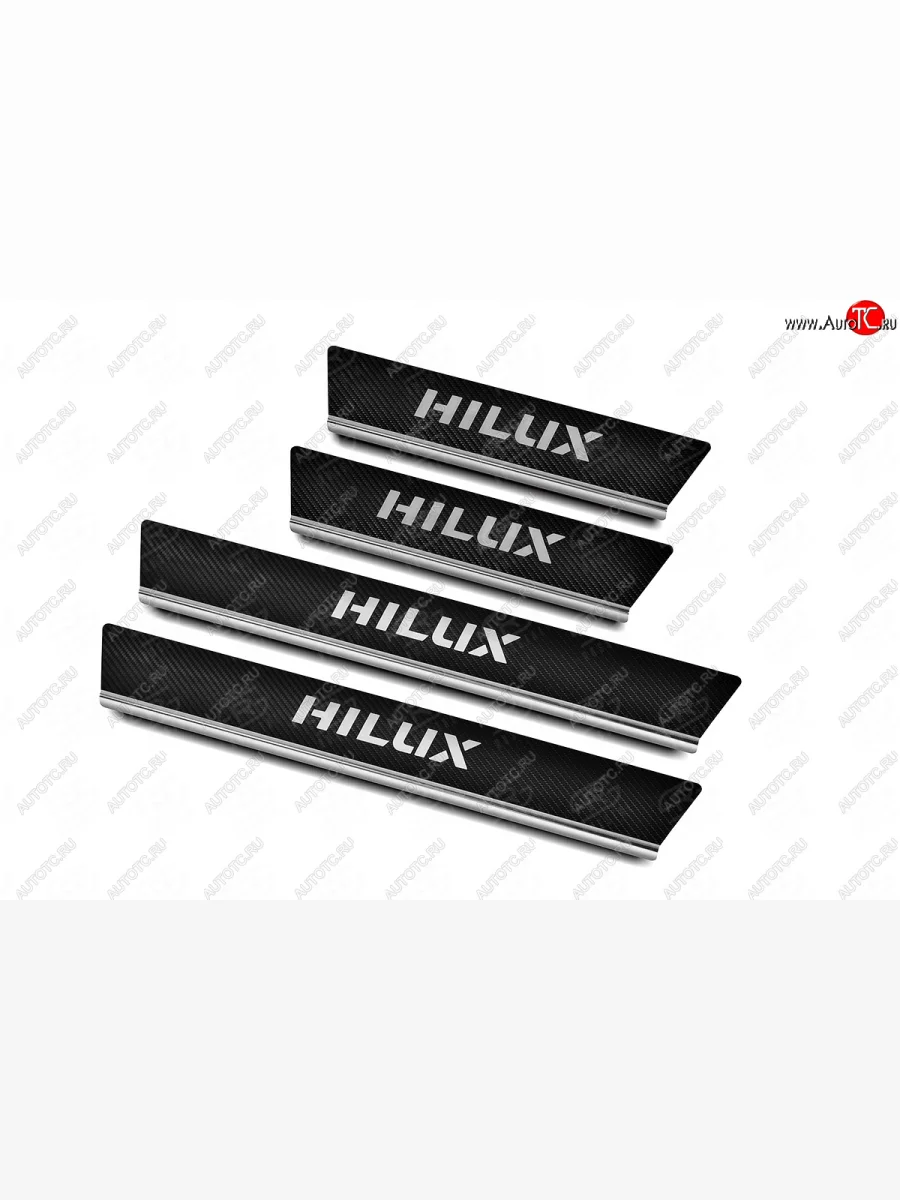 Накладки порожков салона Russtal Toyota Hilux AN120 дорестайлинг (2016-2020) (нержавейка с покрытием карбон, с надписью)  в Самаре Самарской области