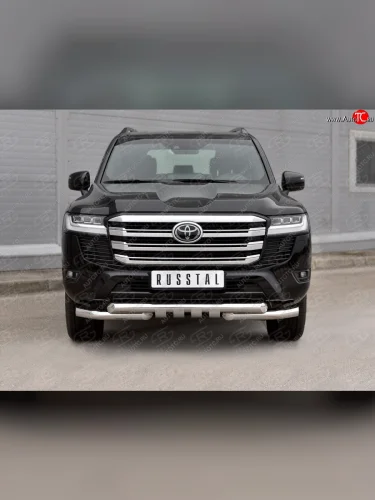 Защита переднего бампера (Ø76 мм с клыками, нержавейка) SLITKOFF (полированная нержавейка) Toyota Land Cruiser  J300 (2021-2025) дорестайлинг