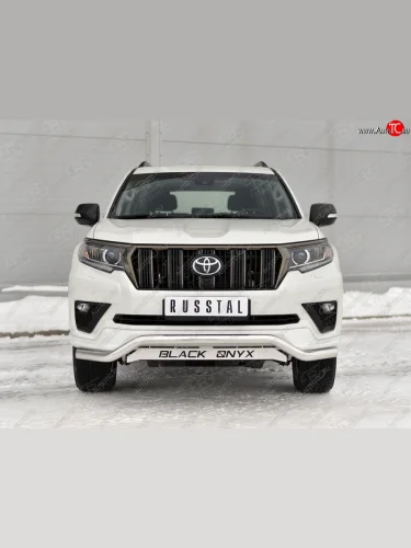 Защита переднего бампера (Ø63 мм волна с декор. надписью, нержавейка, BLACK ONYX) SLITKOFF Toyota Land Cruiser Prado  J150 (2020-2025) 3-ий рестайлинг