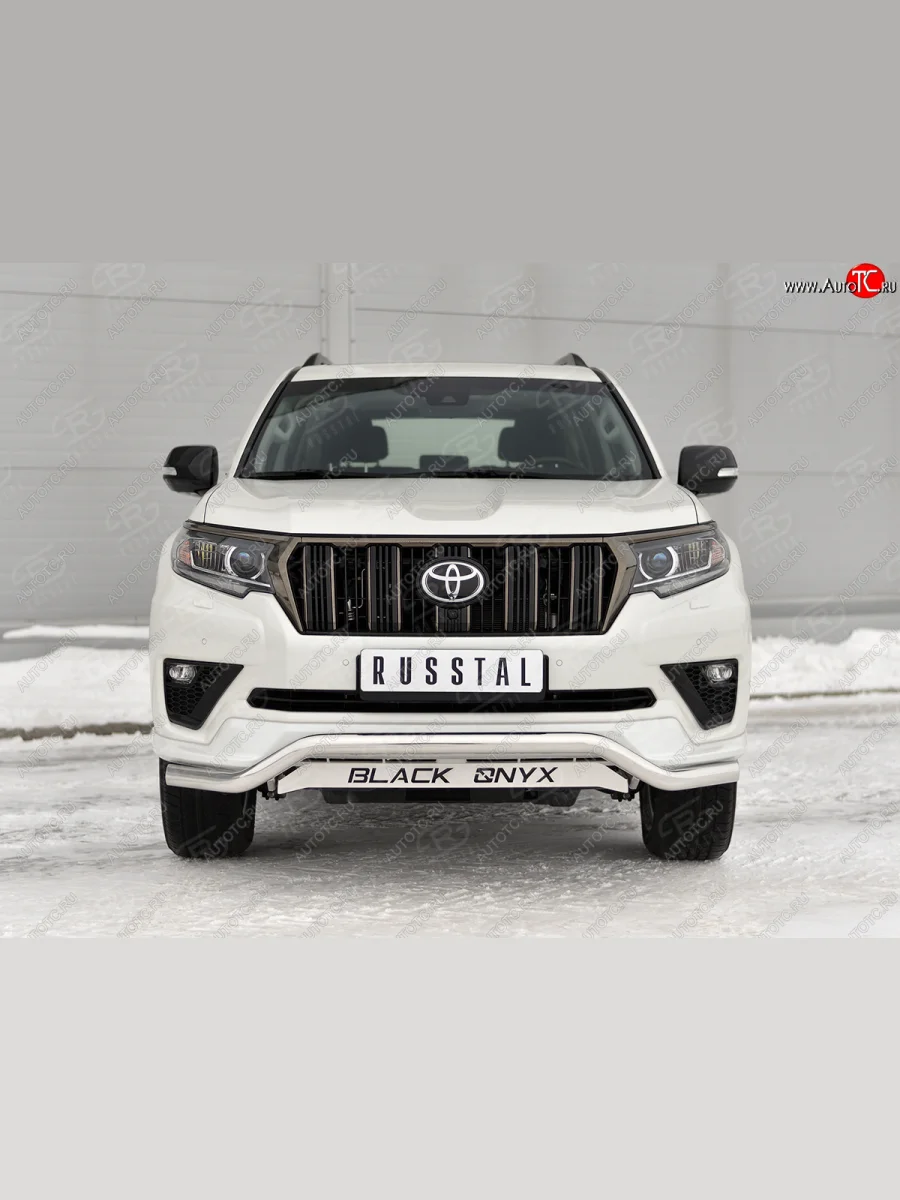 Защита переднего бампера (Ø63 мм волна с декор. надписью, нержавейка, BLACK ONYX) SLITKOFF Toyota Land Cruiser Prado J150 3-ий рестайлинг (2020-2025)  в Самаре Самарской области