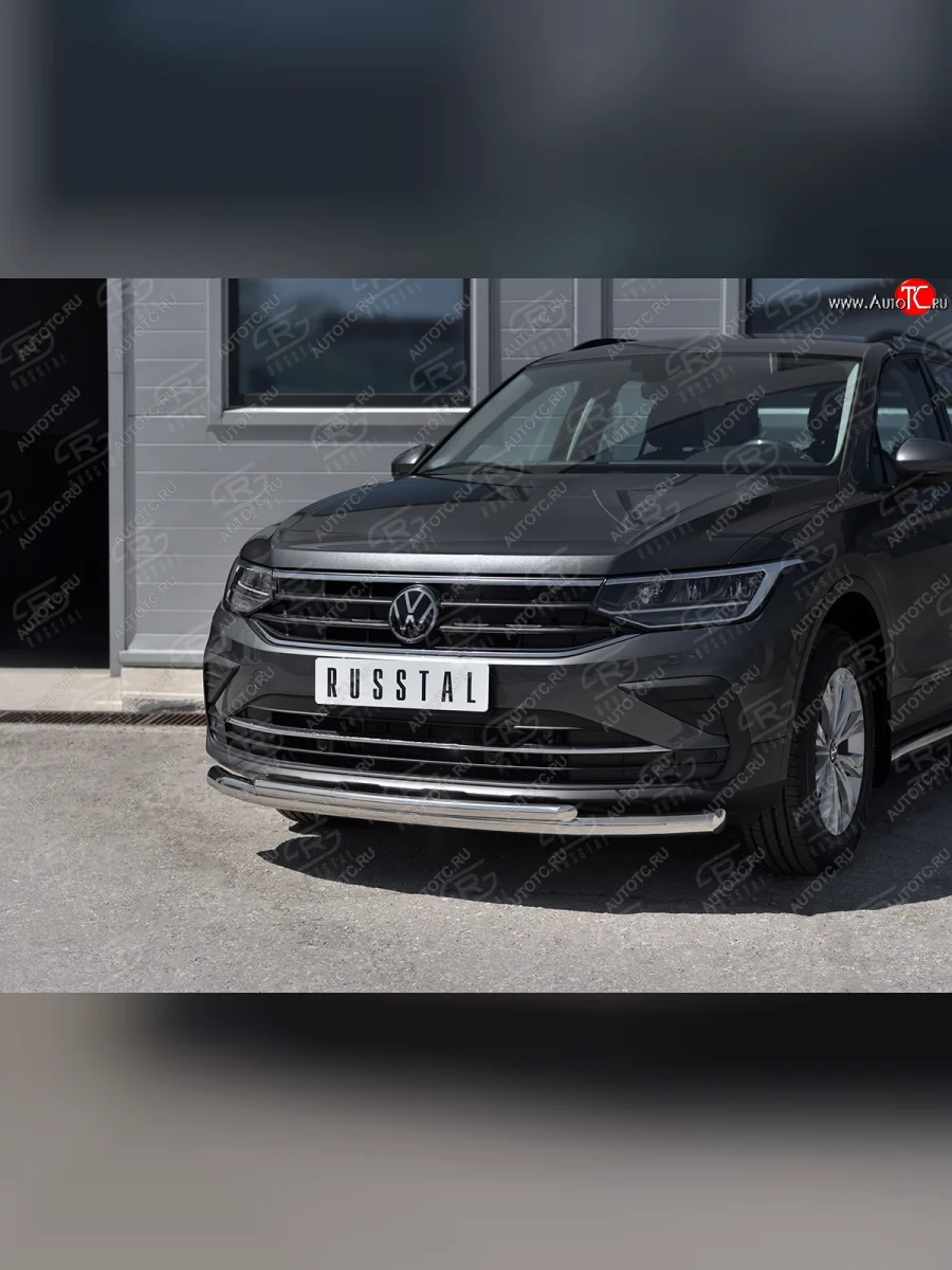 Защита переднего бампера (2 трубы Ø63 и 42 мм, нержавейка, NOT R-LINE) SLITKOFF  Volkswagen Tiguan (2020-2022) Mk2  с доставкой в г. Керчь