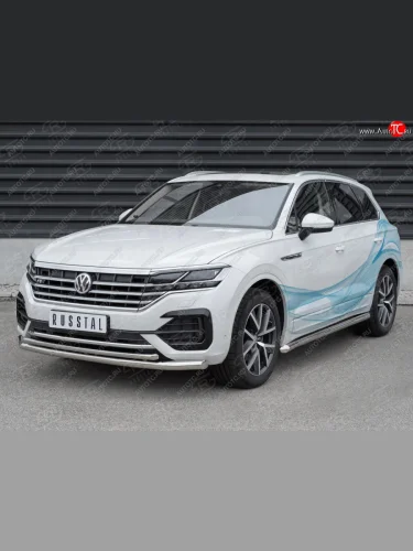 Защита переднего бампера (2 трубы Ø63 и 42 мм, нержавейка, NOT 2.0 TSI) SLITKOFF Volkswagen Touareg  3 CR (2018-2022) дорестайлинг
