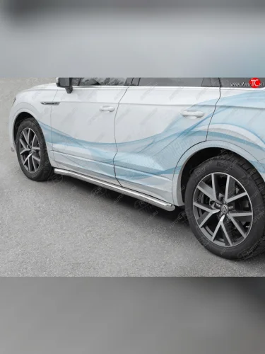 Защита порогов (Ø63 мм) SLITKOFF (торцы со скосами 45°, полированная нержавейка) Volkswagen Touareg  3 CR (2018-2022) дорестайлинг