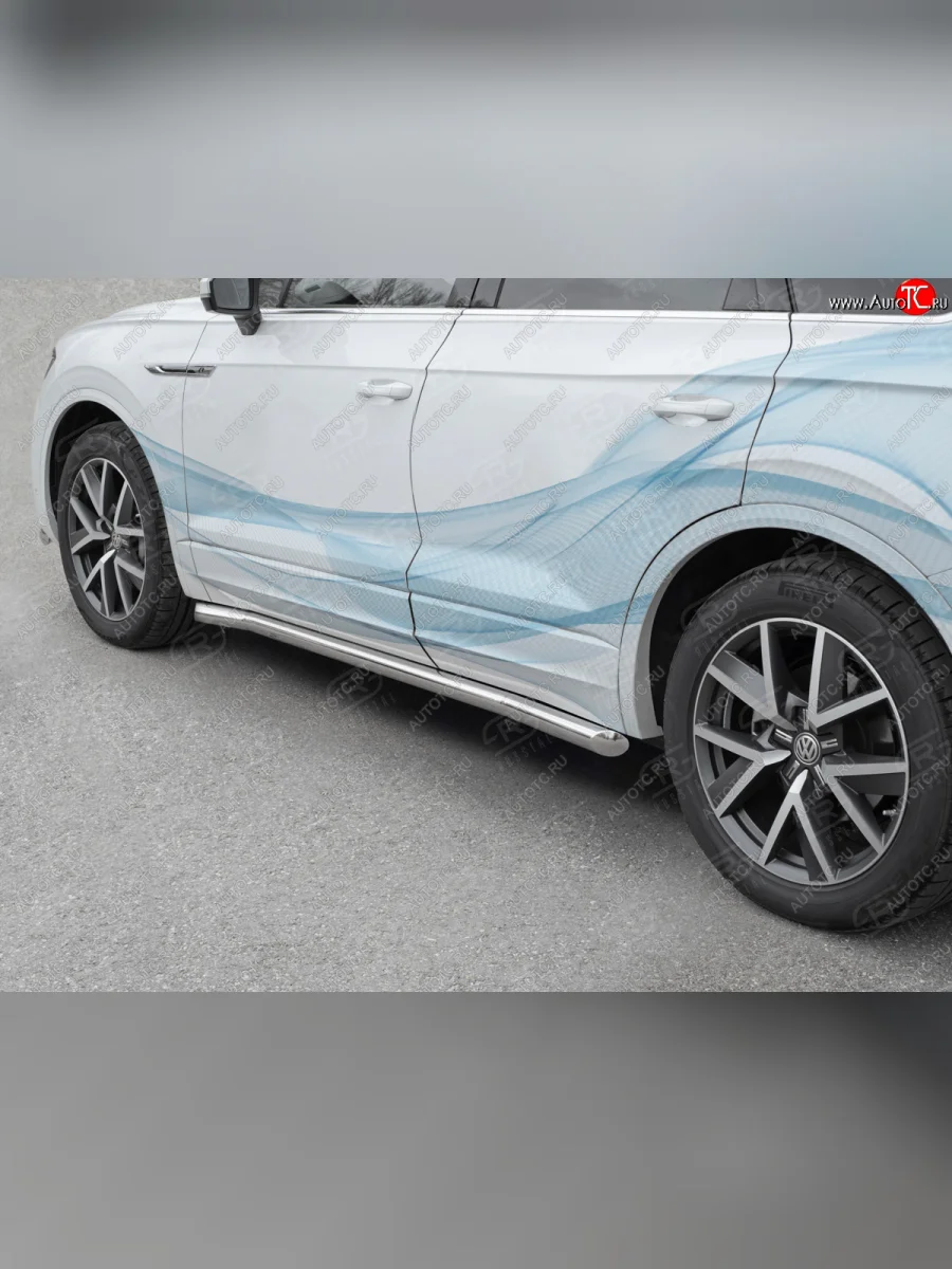 Защита порогов (Ø63 мм) SLITKOFF  Volkswagen Touareg (2018-2022) 3 CR (торцы со скосами 45°, полированная нержавейка)  в Перми Пермском крае