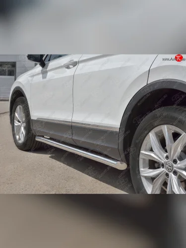 Защита порогов (Ø63 мм, NOT R-LINE) SLITKOFF (торцы круглые 45°, полированная нержавейка) Volkswagen Tiguan  Mk2 (2020-2022) рестайлинг