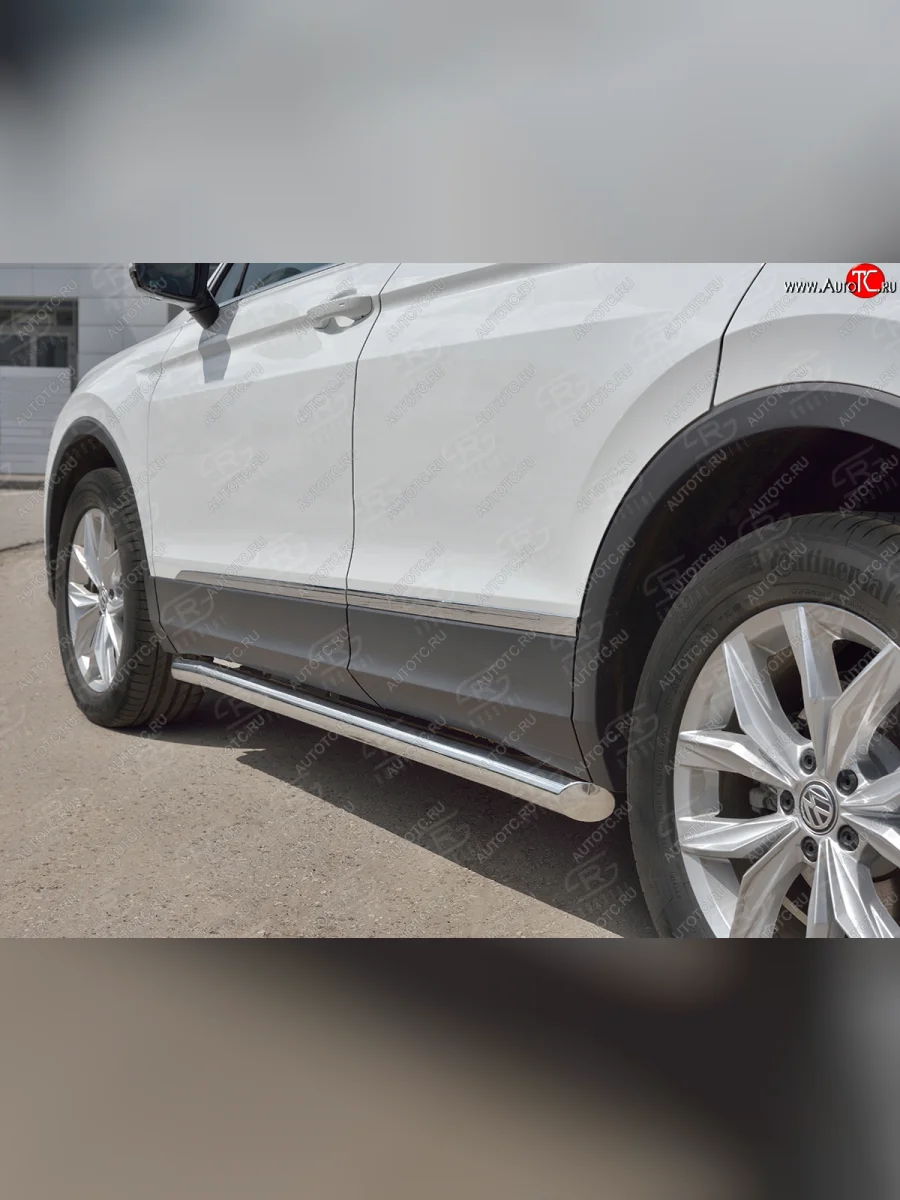 Защита порогов (Ø63 мм, NOT R-LINE) SLITKOFF Volkswagen Tiguan Mk2 рестайлинг (2020-2022) (торцы круглые 45°, полированная нержавейка)  в Керчи Республика Крым
