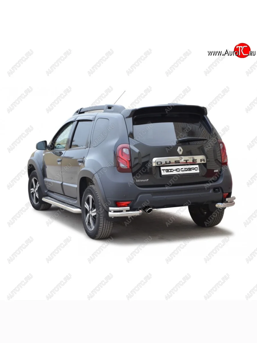 Защита заднего бампера ТехноСфера (Техно Сфера) (Ø63.5 мм, уголки двойные) Renault Duster HS рестайлинг (2015-2021) (полированная нержавейка)  в Керчи Республика Крым