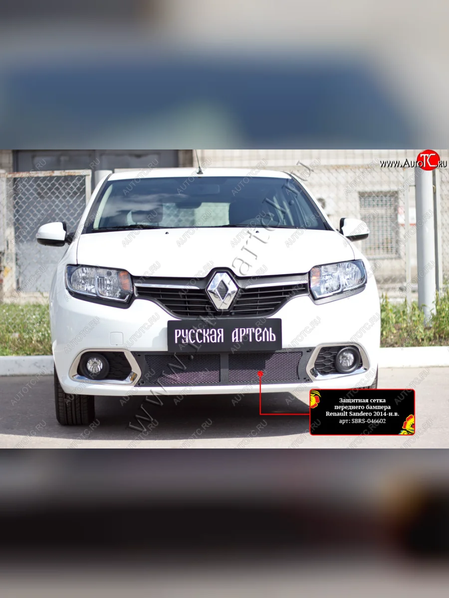 Защитная сетка решётки переднего бампера Русская Артель Renault Sandero 2 дорестайлинг (2014-2018) (Поверхность текстурная)  в Самаре Самарской области