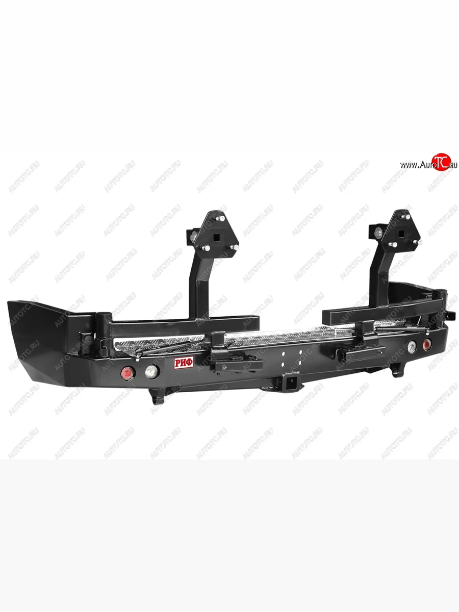 Бампер задний силовой РИФ Nissan Patrol 6 Y62 дорестайлинг (2010-2014) (С квадратом под фаркоп, 2-мя калитками, фонарями и подсветкой номера)  в Самаре Самарской области