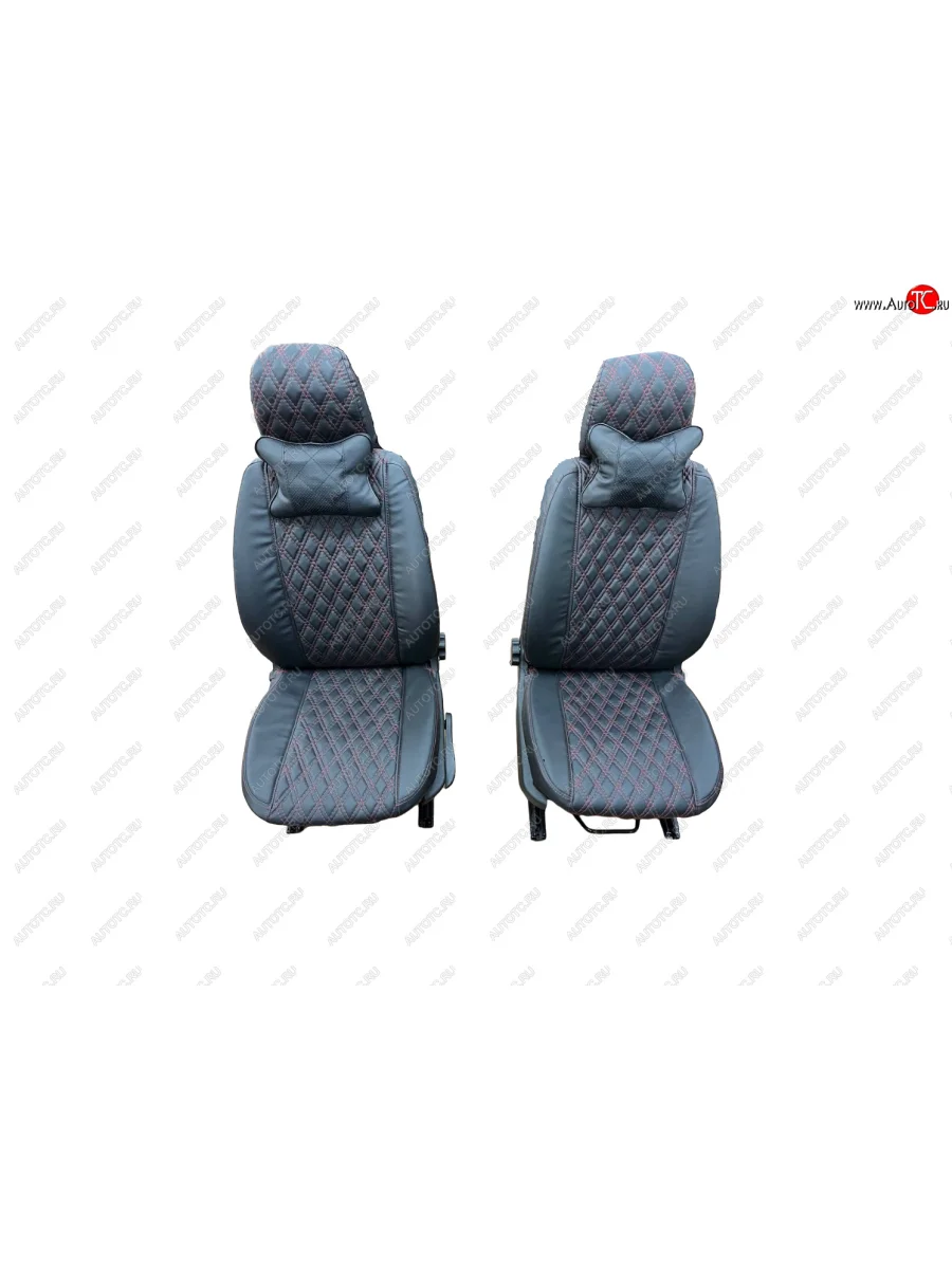 Чехлы сидений (однорядная кабина/2 места, винилискожа) Швейка ST Уаз Профи 23602 бортовой грузовик 4 дв. (2017-2025) (чёрный ромб, двойная красная строчка)  в Воронеже Воронежской области