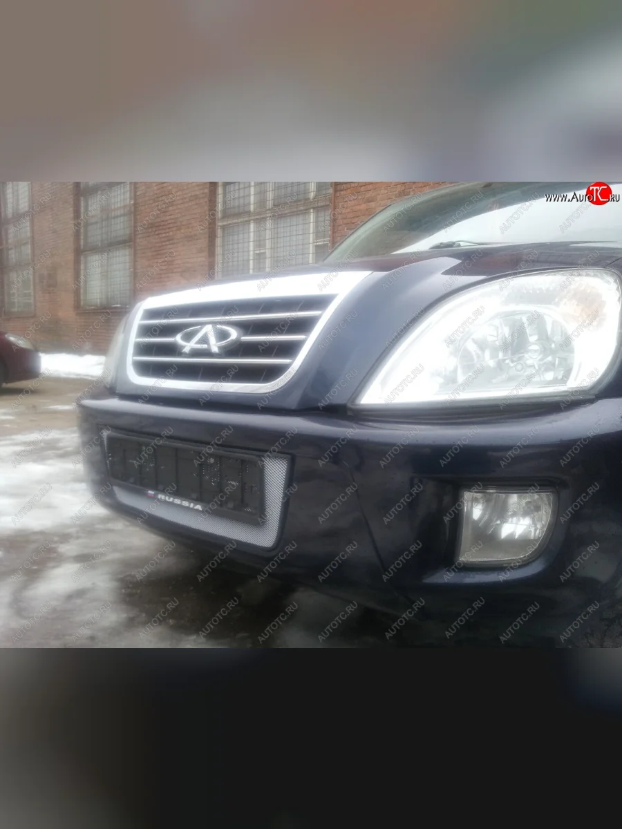 Защитная сетка радиатора в бампер (ячейка 3х7 мм) Стрелка11 Стандарт Chery Tiggo T11 дорестайлинг (2005-2013) (хром)  с доставкой в г. Керчь