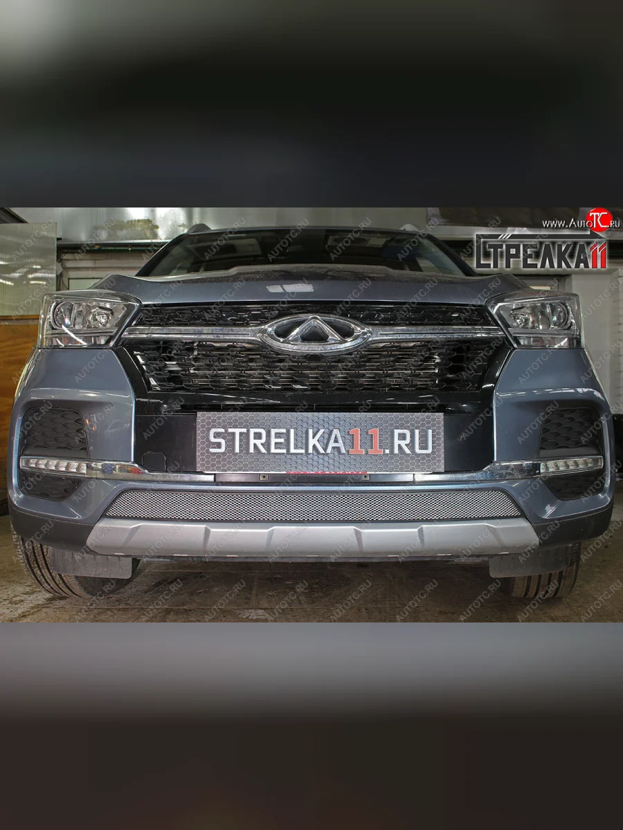 Защитная сетка радиатора в бампер (ячейка 3х7 мм) Стрелка11 Стандарт Chery Tiggo 4 1-ый рестайлинг (2018-2023) (хром)  с доставкой в г. Керчь
