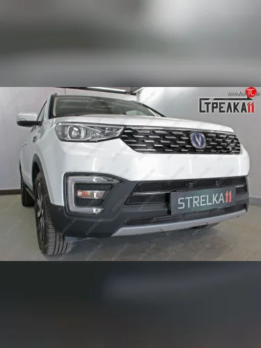 Защитная сетка радиатора в бампер (ячейка 3х7 мм, комплект) Стрелка 11 Стандарт (черная) Changan CS55 дорестайлинг (2017-2018)
