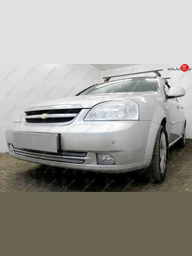 Защитная сетка радиатора в бампер (ячейка 3х7 мм, комплект) Стрелка 11 Стандарт (хром) Chevrolet Lacetti седан (2002-2013)