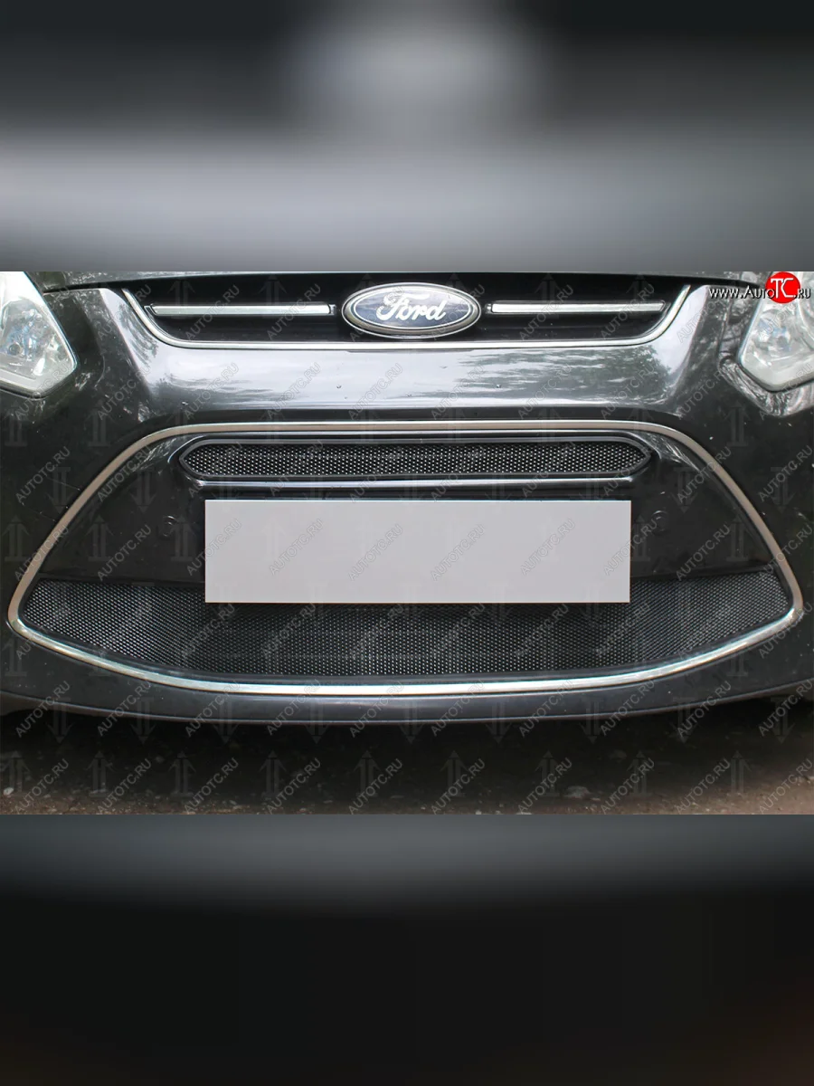 Защитная сетка радиатора в бампер (ячейка 3х7 мм, 2 части) Стрелка 11 Стандарт Ford C-max Mk2 дорестайлинг (2010-2015) (черная)  с доставкой в г. Керчь