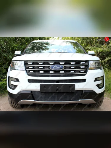 Защитная сетка радиатора в бампер (ячейка 4х10 мм, верх) Стрелка11 Премиум (черная) Ford Explorer U502 1-ый рестайлинг, 5 дв. (2015-2018)