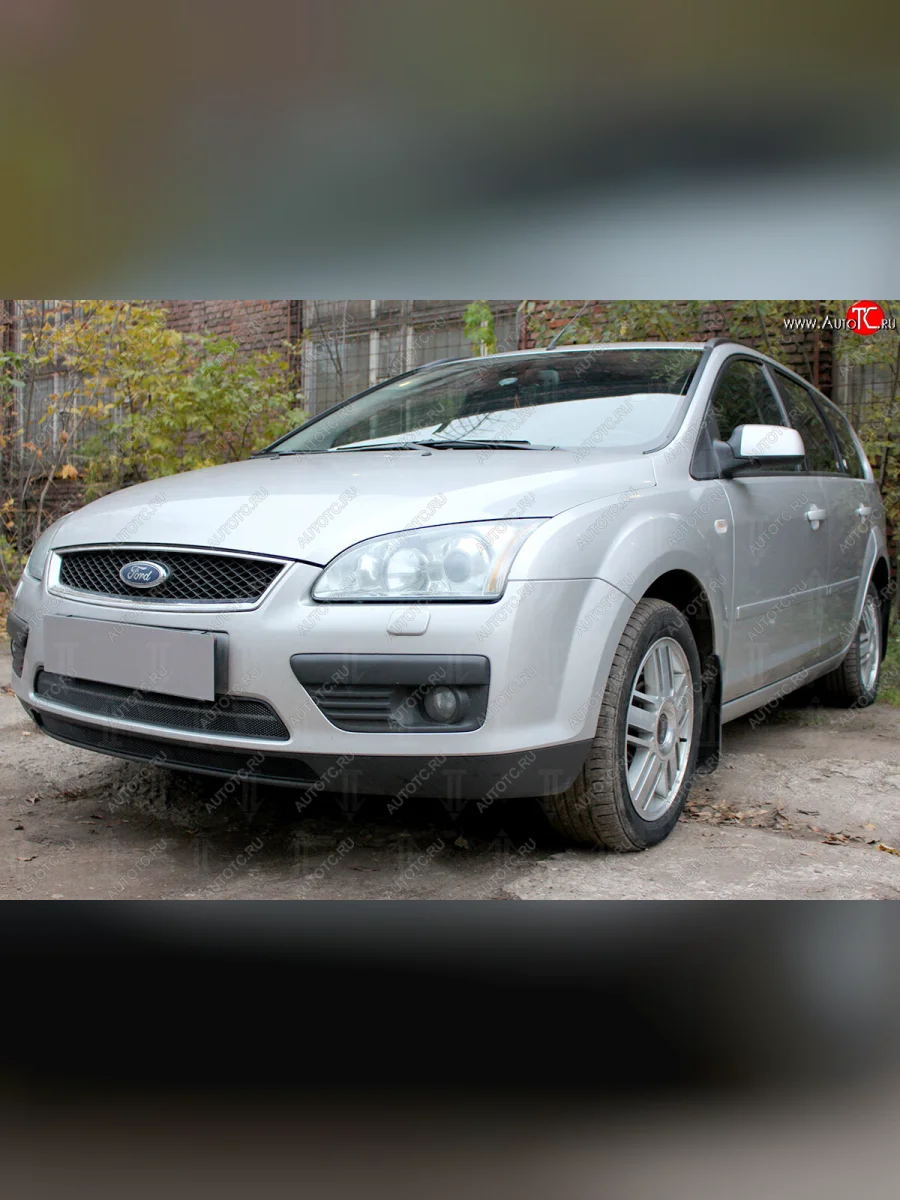 Защитная сетка радиатора в бампер (ячейка 3х7 мм, 2 части) Стрелка 11 Стандарт Ford Focus 2 хэтчбэк 5 дв. дорестайлинг (2004-2008) (черная)  в Керчи Республика Крым