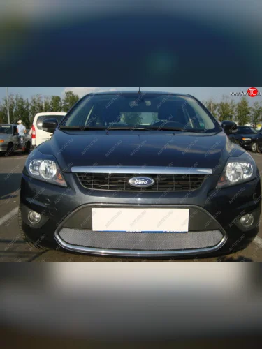 Защитная сетка радиатора в бампер (ячейка 3х7 мм) Стрелка 11 Стандарт (хром) Ford Focus 2 хэтчбэк 3 дв. рестайлинг (2007-2011)