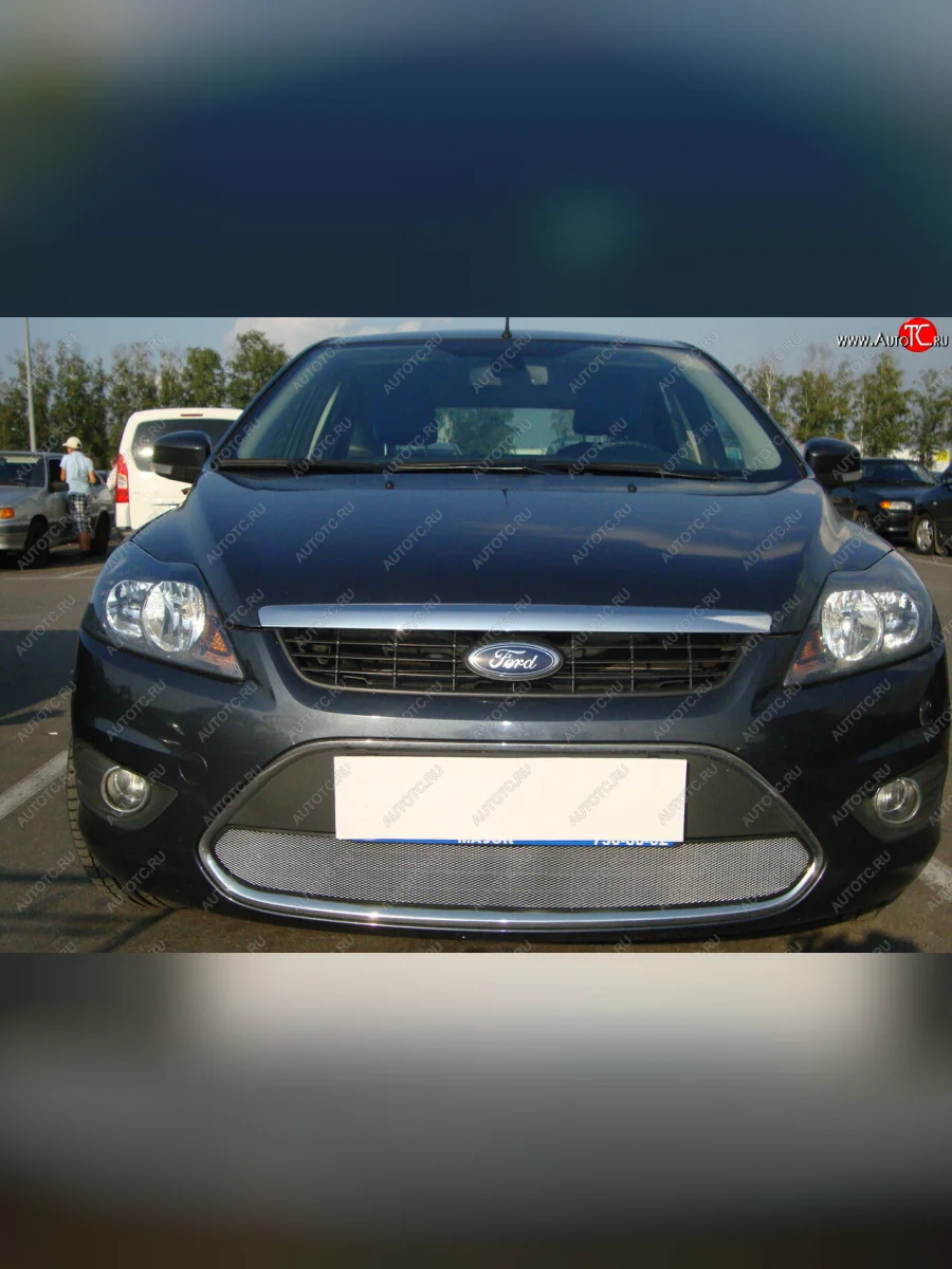 Защитная сетка радиатора в бампер (ячейка 3х7 мм) Стрелка 11 Стандарт Ford Focus 2 седан рестайлинг (2007-2011) (хром)  с доставкой в г. Керчь