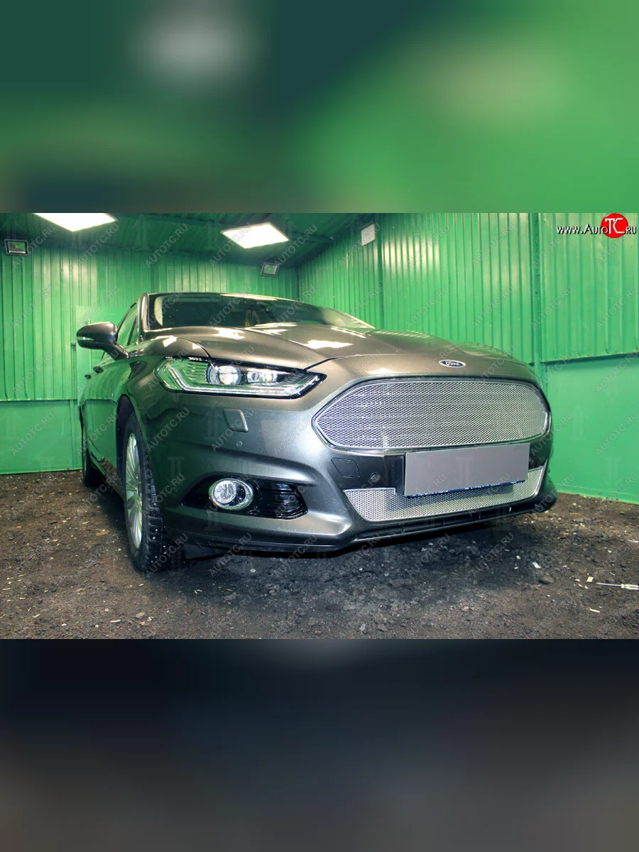 Защитная сетка радиатора в бампер (ячейка 4х10 мм, низ) Стрелка11 Премиум Ford Mondeo MK5 CD391 дорестайлинг седан (2014-2018) (хром)  в Воронеже Воронежской области