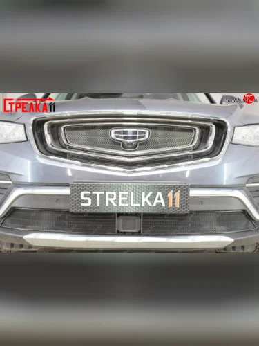 Защитная сетка в решетку радиатора (ячейка 3х7 мм. 3 части) Стрелка11 Стандарт (черная) Geely Atlas Pro NL3 (2019-2025)