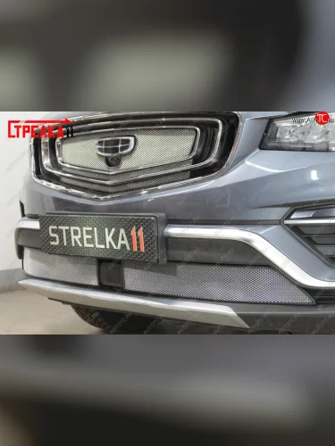 Защитная сетка в решетку радиатора (ячейка 3х7 мм. 3 части) Стрелка11 Стандарт (хром) Geely Atlas Pro NL3 (2019-2025)