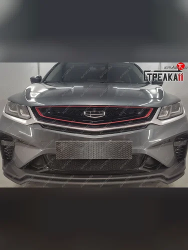 Защитная сетка радиатора в бампер (ячейка 3х7 мм, низ 2 части) Стрелка11 Стандарт (черная) Geely Coolray SX11 дорестайлинг (2018-2023)