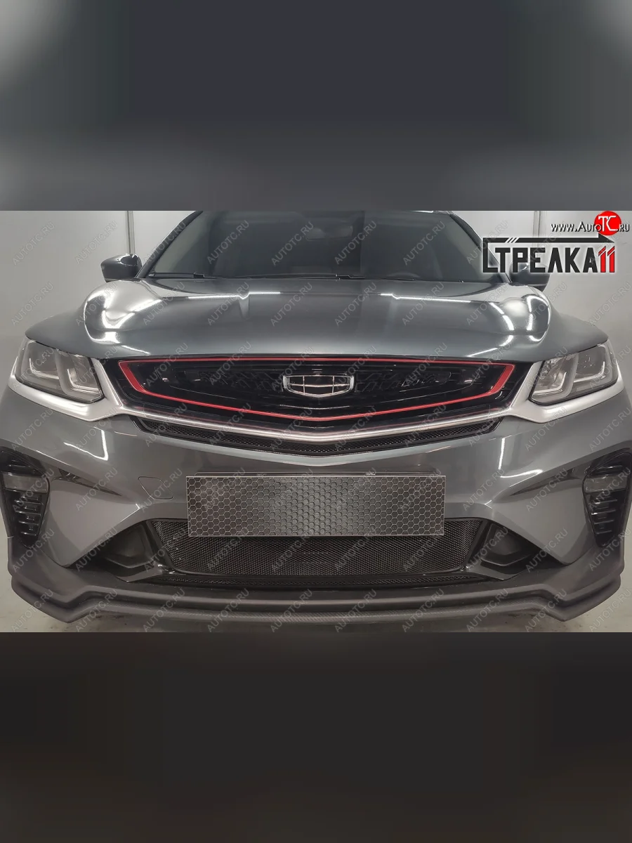 Защитная сетка радиатора в бампер (ячейка 3х7 мм) Стрелка11 Стандарт Geely Coolray SX11 дорестайлинг (2018-2023) (черная)  в Керчи Республика Крым