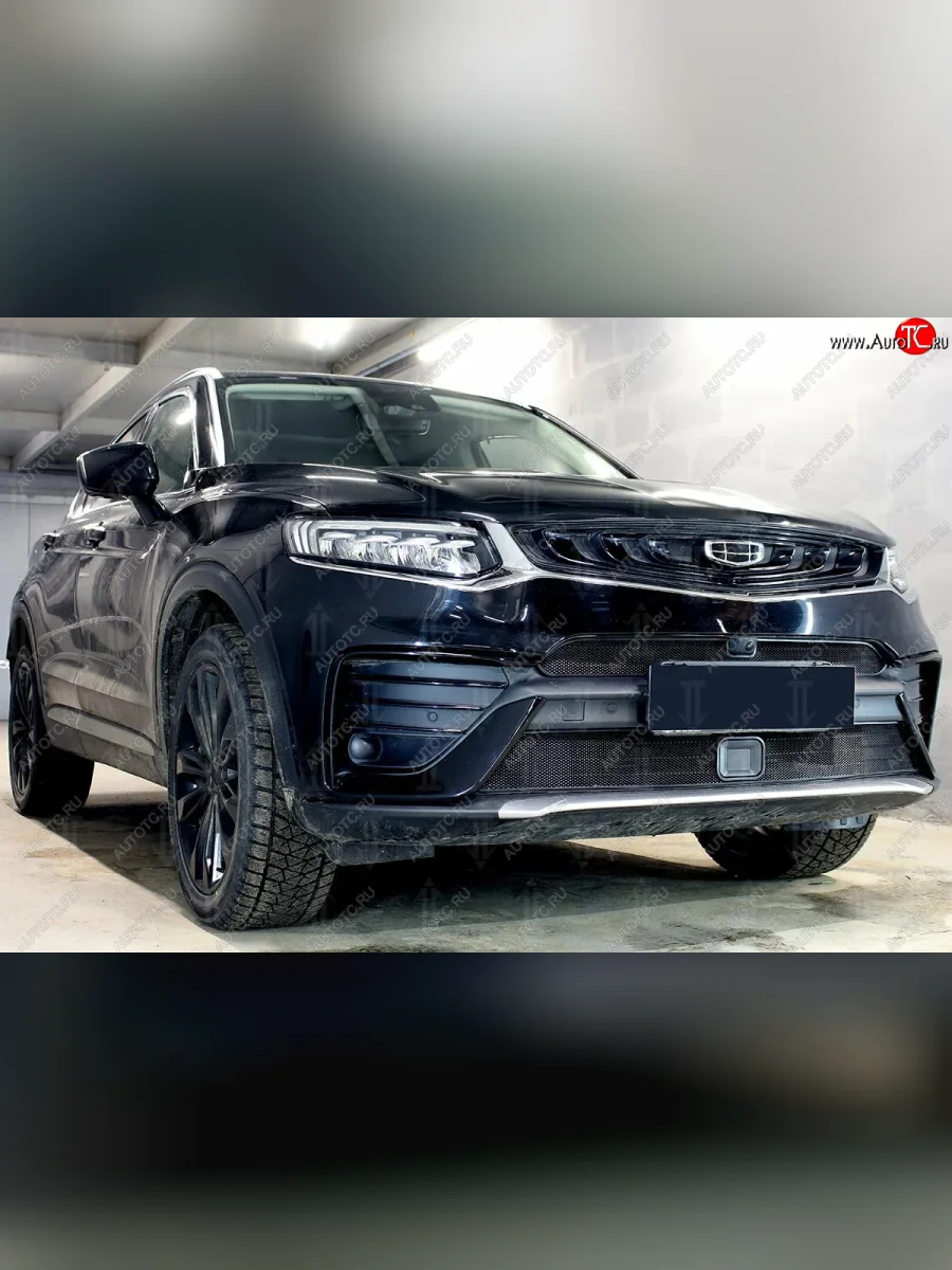 Защитная сетка радиатора в бампер (ячейка 3х7 мм, верх под камеру) Стрелка11 Стандарт Geely Tugella FY11,HPBA4 дорестайлинг (2019-2023) (черная)  в Самаре Самарской области