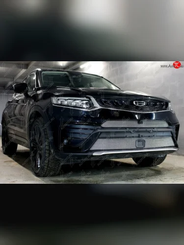 Защитная сетка радиатора в бампер (ячейка 3х7 мм, верх под камеру) Стрелка11 Стандарт Geely Tugella FY11,HPBA4 дорестайлинг (2019-2023)