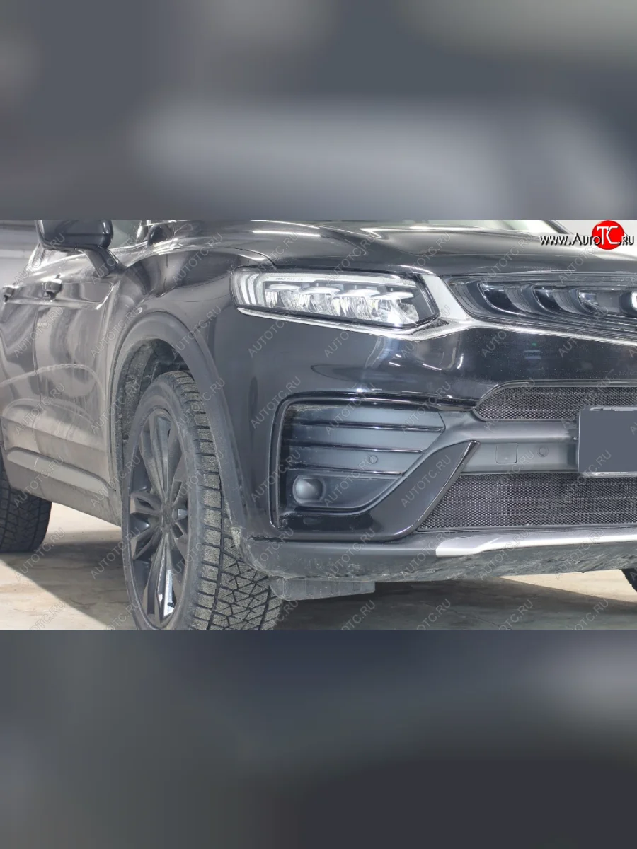 Защитная сетка радиатора в бампер (ячейка 3х7 мм, низ без радара, РФ) Стрелка 11 Стандарт Geely Tugella FY11,HPBA4 дорестайлинг (2019-2023) (черная)  в Самаре Самарской области