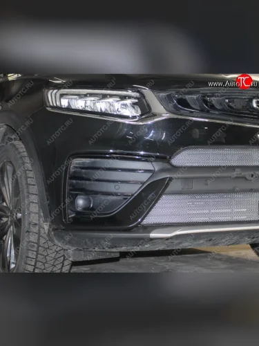 Защитная сетка радиатора в бампер (ячейка 3х7 мм, низ, без радара, РФ) Стрелка 11 Стандарт (хром) Geely Tugella FY11,HPBA4 дорестайлинг (2019-2023)