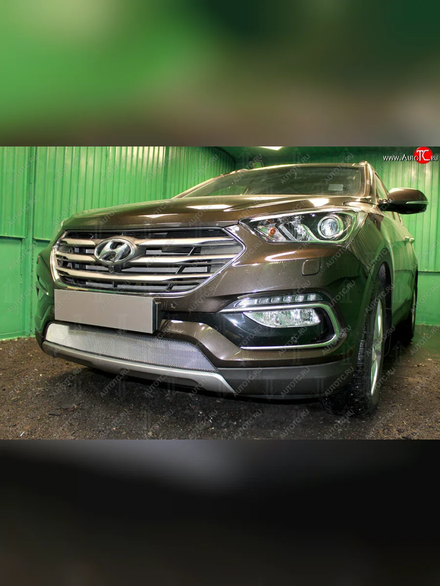 Защитная сетка радиатора в бампер (ячейка 3х7 мм) Стрелка11 Стандарт Hyundai Santa Fe DM рестайлинг (2015-2019) (хром)  в Керчи Республика Крым