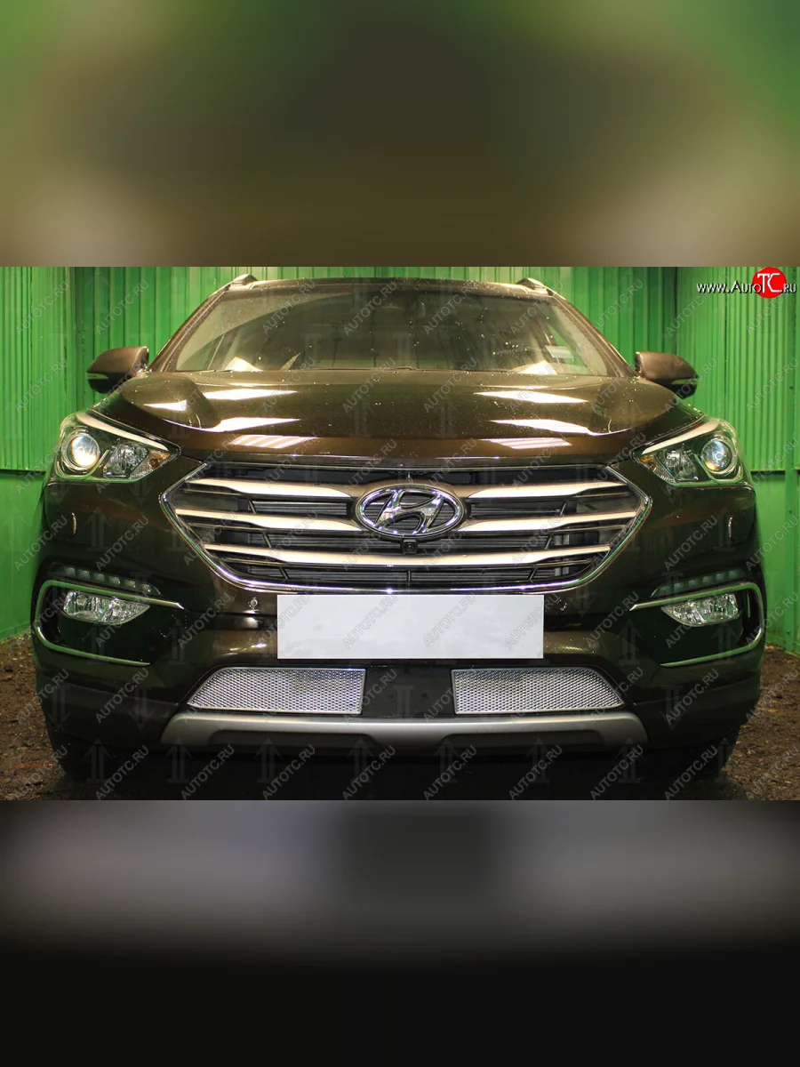 Защитная сетка радиатора в бампер (ячейка 4х10 мм, под датчик ACC) Стрелка11 Премиум Hyundai Santa Fe DM рестайлинг (2015-2019) (хром)  в Самаре Самарской области