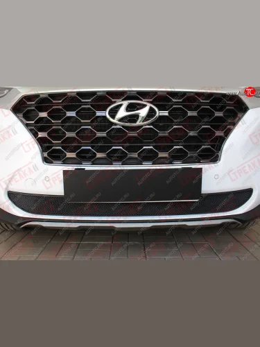 Защитная сетка радиатора в бампер (ячейка 3х7 мм) Стрелка11 Стандарт (черная) Hyundai Santa Fe TM дорестайлинг (2018-2021)