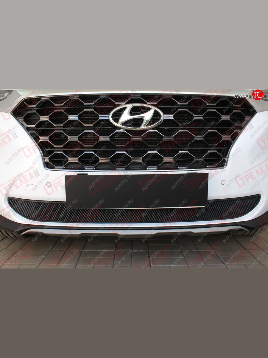 Защитная сетка радиатора в бампер (ячейка 3х7 мм) Стрелка11 Стандарт Hyundai Santa Fe TM дорестайлинг (2018-2021) (черная)  в Самаре Самарской области