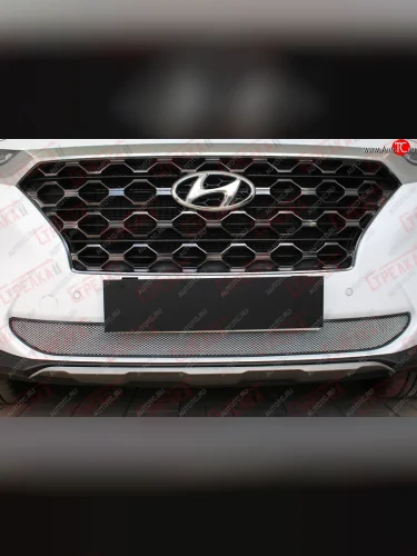 Защитная сетка радиатора в бампер (ячейка 3х7 мм) Стрелка11 Стандарт (хром) Hyundai Santa Fe TM дорестайлинг (2018-2021)