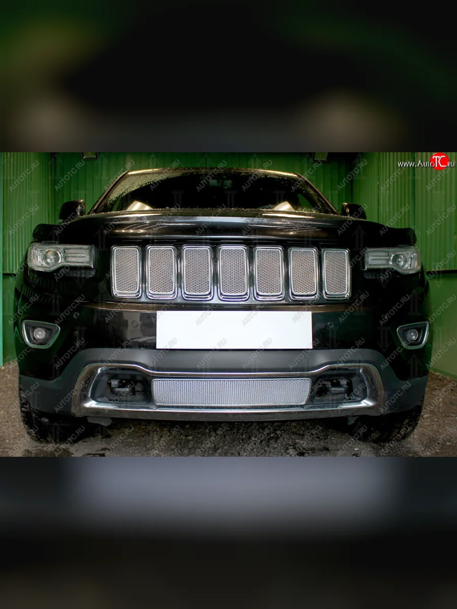 Защитная сетка в решетку радиатора (ячейка 4х10 мм, 7 частей, Overland, SRT8) Стрелка11 Премиум Jeep Grand Cherokee WK2 1-ый рестайлинг (2013-2018) (хром)  в Керчи Республика Крым