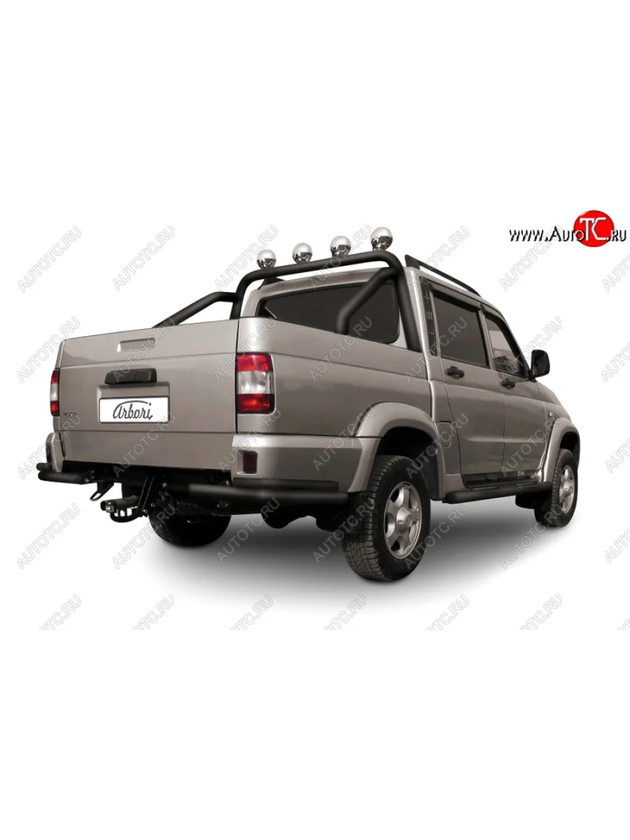 Защита заднего бампера из двух боковых уголков (чёрная двойная d57+42) Arbori Уаз Патриот 23632 дорестайлинг пикап (2008-2014)  с доставкой в г. Керчь
