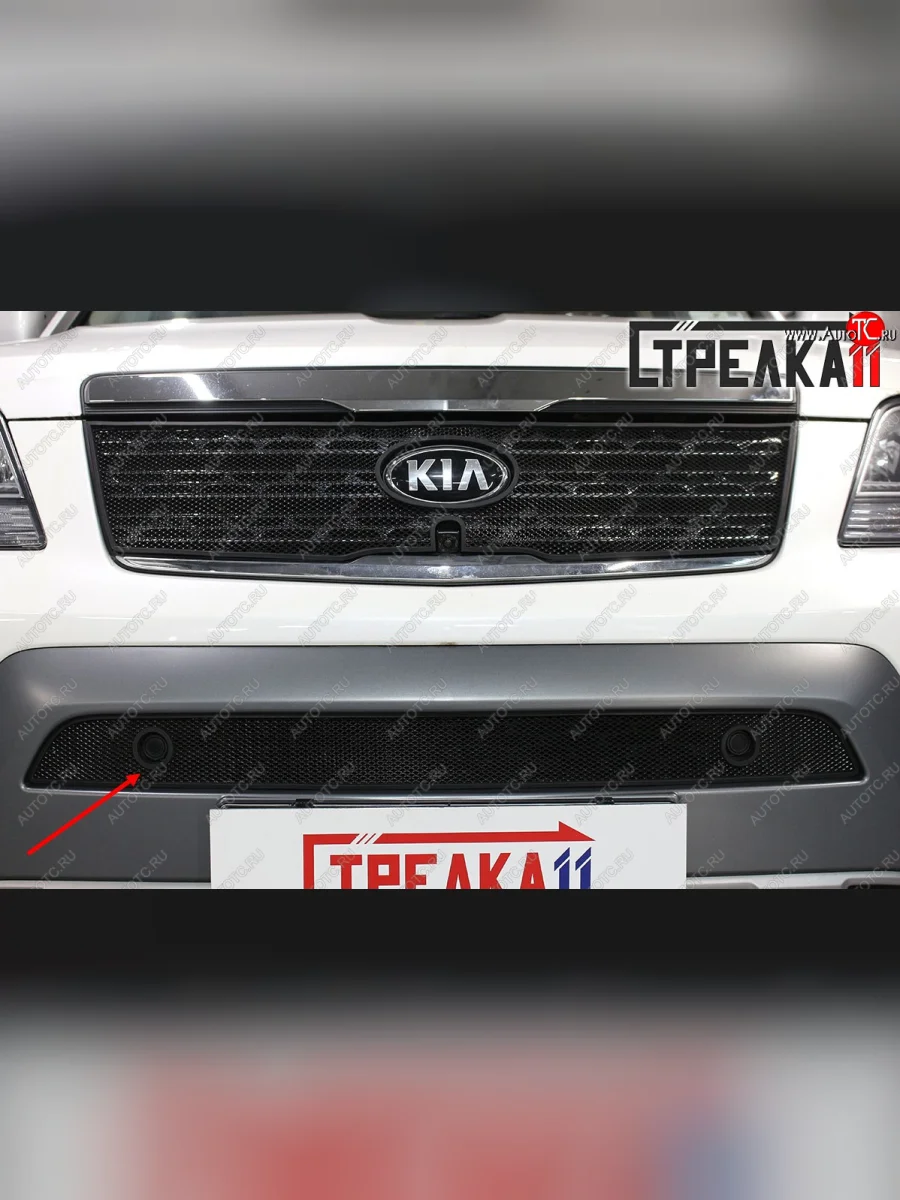 Защитная сетка радиатора в бампер (ячейка 3х7 мм, низ, под парктроники) Стрелка11 Стандарт KIA Mohave HM рестайлинг (2017-2020) (черная)  с доставкой в г. Керчь
