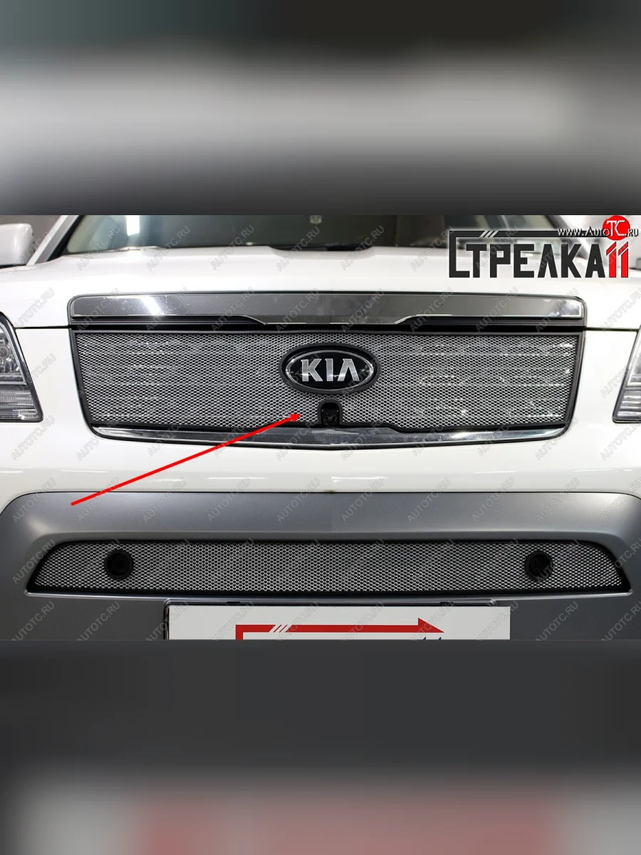 Защитная сетка радиатора в бампер (ячейка 3х7 мм, верх, под камеру) Стрелка11 Стандарт KIA Mohave HM рестайлинг (2017-2020) (хром)  с доставкой в г. Керчь